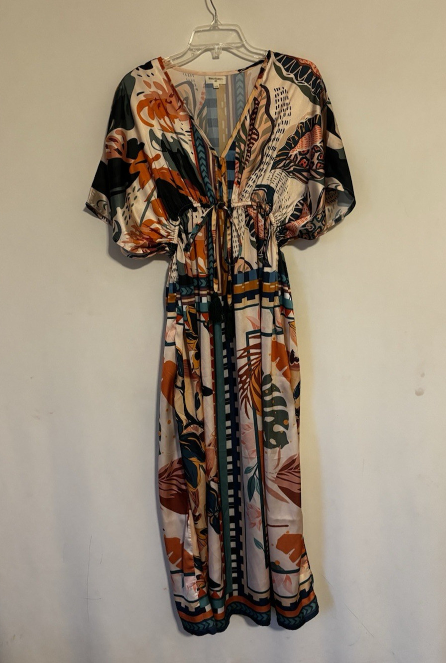 World Market Mxi Dress S M Boho Multicolor Vneck Aline Elastic Waist Satin